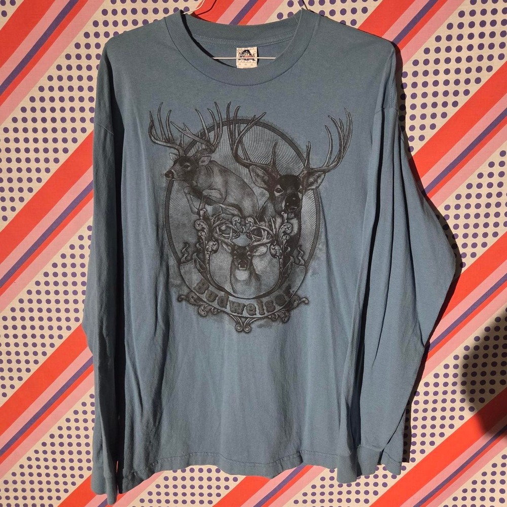 Vintage Y2K Budweiser Deer Hunting Long Sleeve Shirt Alstyle Blue Grey Mens XL